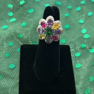 Multi-Colored Stones Flower Shaped Ring in Sterling Silver